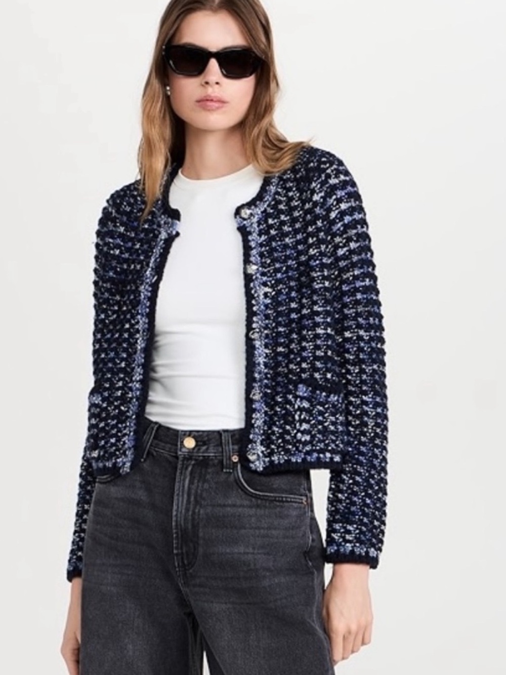 Ba&sh Beloni Navy and Black Tweed Button-Front Cardigan